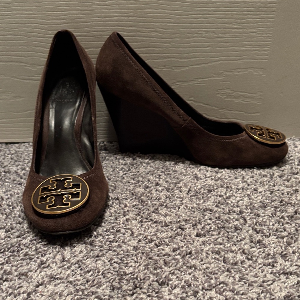 Tory Burch Dark Brown Wedges with Gold Logo